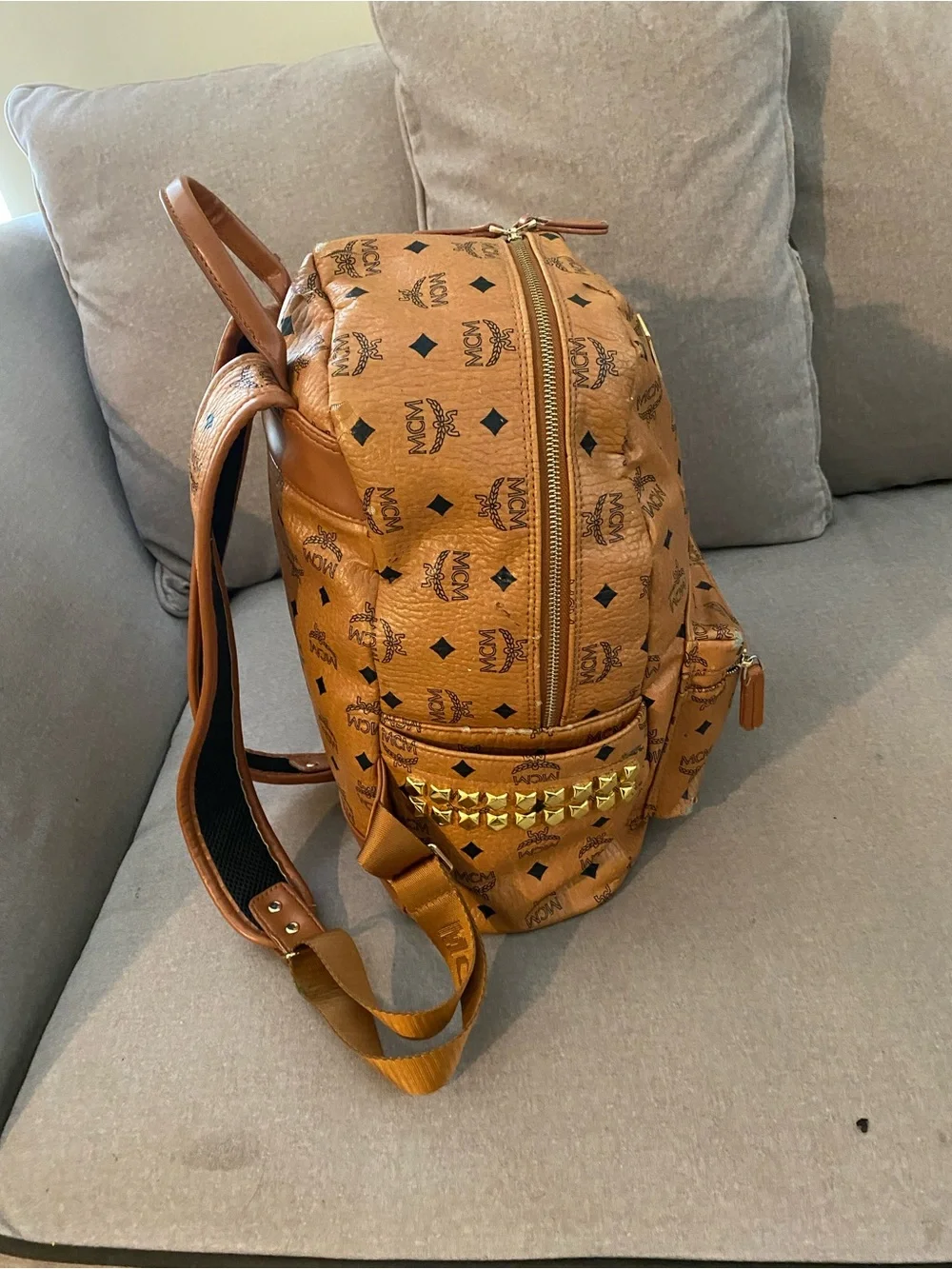MCM Brown Visetos Logo Backpack with Gold Hardware